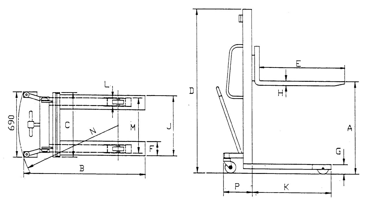 手動油壓堆高機-倉庫堆貨用(MPS-10/1500)，載重1000Kg,揚升高度1500mm,牙叉1500mm